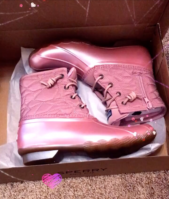 pink and girly rain boots ~ girly and pink fashion blog ~ sequins and satin ~ pink sperry duck boots ~ metallic and pretty