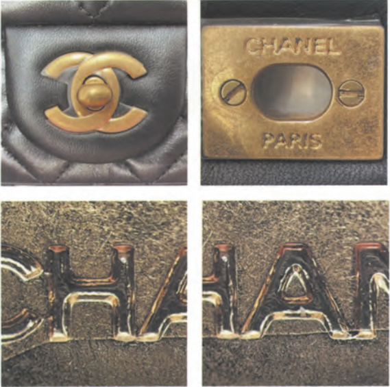 Authentic Chanel mini bag hardware close-up showing correct vintage antiqued gold tone.
