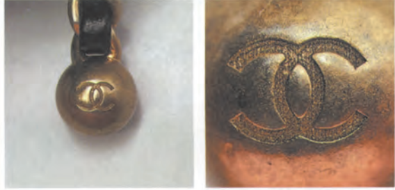 Authentic Chanel CF mini gold ball macro shot revealing precise manual sanding marks in the logo groove.