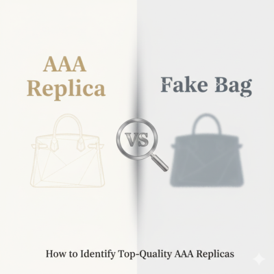Comparing "AAA Replica" (left, in golden tone with a golden outline bag) and "Fake Bag" (right, in faded gray tone with a blurred gray bag silhouette). A magnifying glass with "VS" icon is in the center. Subtitle at the bottom reads "How to Identify Top-Quality AAA Replicas".