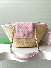 CC original straw small tote bag AS5951 beige&pink