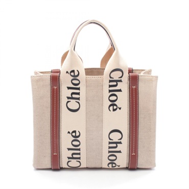 Chloe WOODY Small Tote Bag canvas leather Beige Brown Used Women