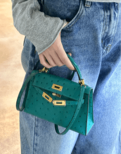 hermes ostrich bag in green with gold hardware
