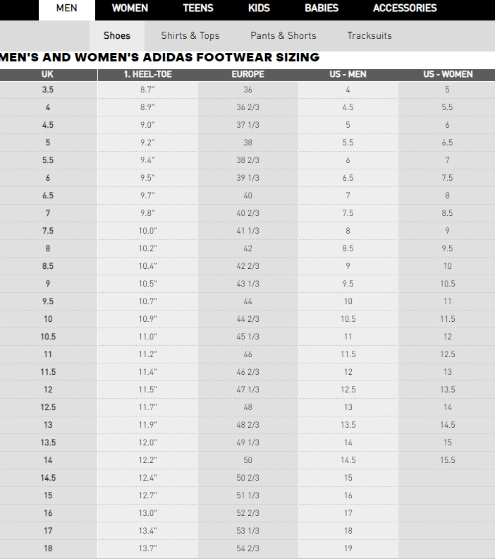 Adidas Sizing Chart
