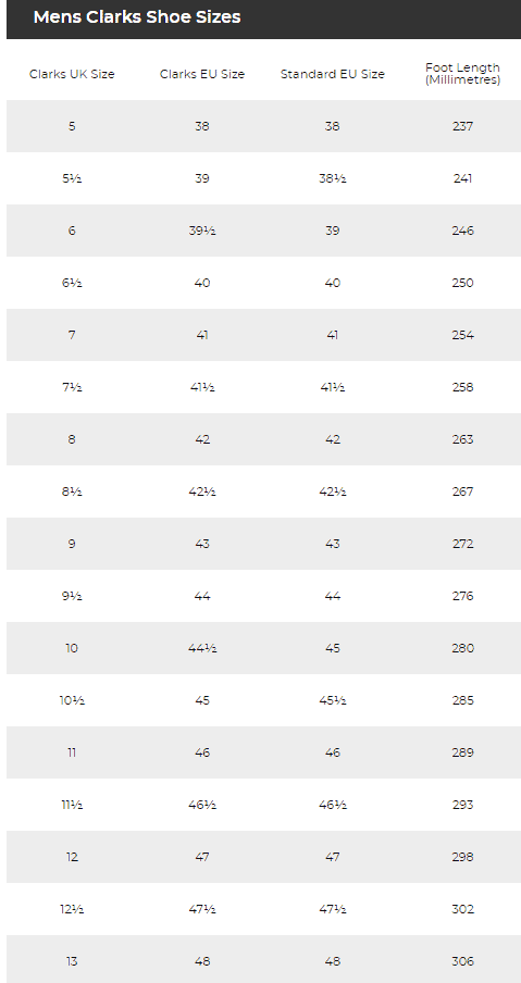 Clarks Shoe Size Chart