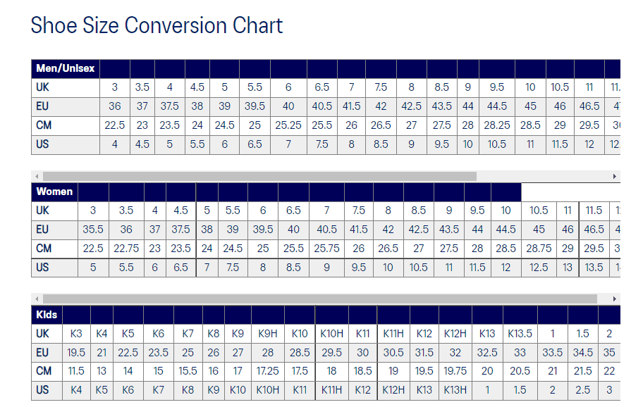 Asics Shoe Size Guide
