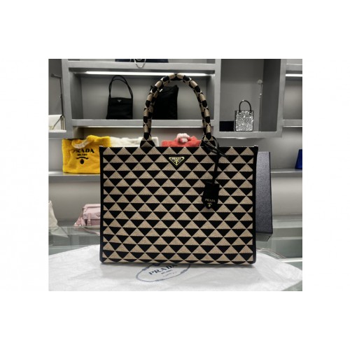 Prada 1BA356 Large Prada Symbole jacquard fabric handbag in Black Beige Fabric Leather
