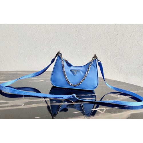 Prada 1TT122 Mini Hobo Bag in Blue Nylon