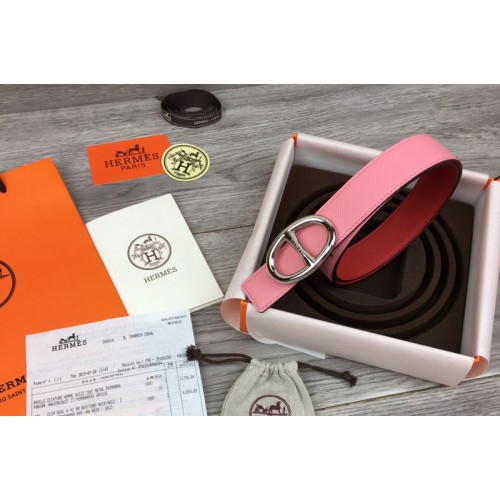 Womens Hermes 32mm Chaine dAncre buckle Reversible leather belts Pink Red Epsom Leather