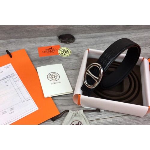 Womens Hermes 32mm Chaine dAncre buckle Reversible Belts Black Crocodile Print Leather