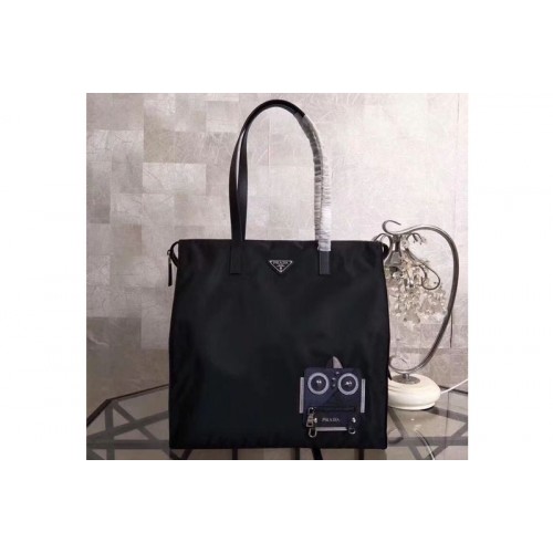 Prada Nylon Tote with Robot Applique 2VG026 Black Navy Prada Nylon Tote with Robot Applique 2VG026 Black Navy