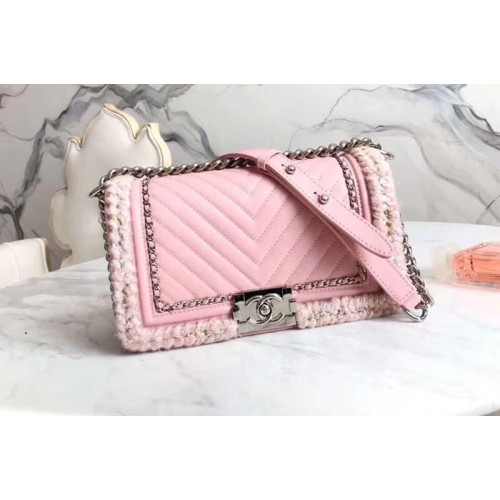 Chanel Le Boy Flap Bag Original Chevron Pink Leather A67086 Silver Chain