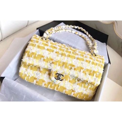 Chanel Classic Handbag Embroidered Tweed & Silver-Tone Metal A01112 Yellow&White Chanel Classic Handbag Embroidered Tweed & Silver-Tone Metal A01112 Yellow&White