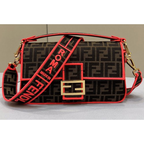 Fendi 8BH600 medium Baguette bag in Brown fabric With Red Fendi 8BH600 medium Baguette bag in Brown fabric With Red