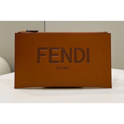 Fendi 8N0149 Roma Medium Flat Pouch in Brown leather