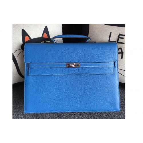 Hermes Kelly Depeche 37mm Briefcase Bags Original Togo Leather Blue