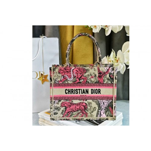 Dior M1265 Small Dior Book Tote Bag in Raffia with Pink Toile de Jouy Sauvage Embroidery Dior M1265 Small Dior Book Tote Bag in Raffia with Pink Toile de Jouy Sauvage Embroidery
