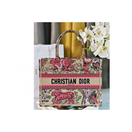 Dior M1296 Medium Dioriviera Dior Book Tote bag in Raffia with Pink Toile de Jouy Sauvage Embroidery