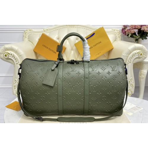 Louis Vuitton M57963 Keepall Bandoulière 50 Travel Bag in Khaki Monogram Seal cowhide leather Louis Vuitton M57963 Keepall Bandoulière 50 Travel Bag in Khaki Monogram Seal cowhide leather