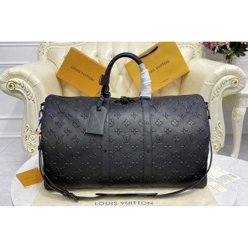 Louis Vuitton M57964 Keepall Bandoulière 50 Travel Bag in Black Monogram Seal cowhide leather Louis Vuitton M57964 Keepall Bandoulière 50 Travel Bag in Black Monogram Seal cowhide leather