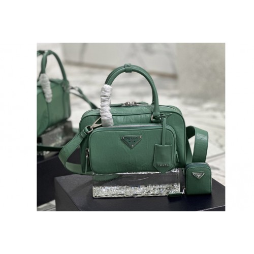 Prada 1BB099 Antique nappa leather multi-pocket top-handle bag in Green Leather