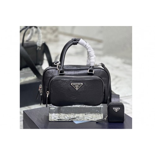 Prada 1BB099 Antique nappa leather multi-pocket top-handle bag in Black Leather
