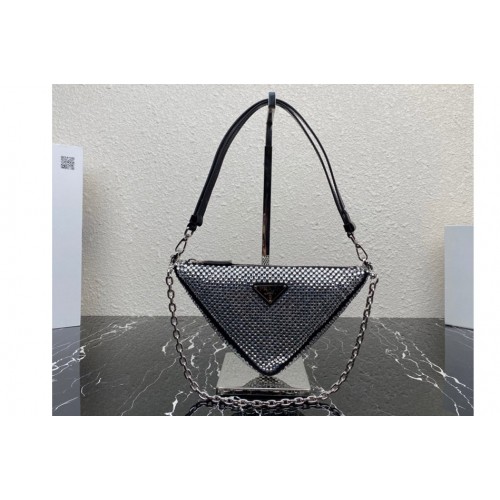Prada 1BC190 Prada Triangle satin mini-bag with crystals in Silver