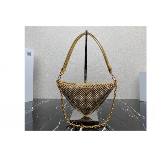 Prada 1BC190 Prada Triangle satin mini-bag with crystals in Gold