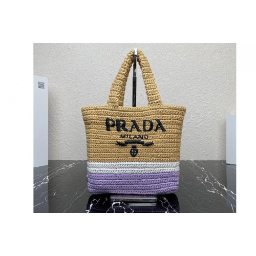 Prada 1BG422 Small crochet tote bag in Natural Purple Straw wicker