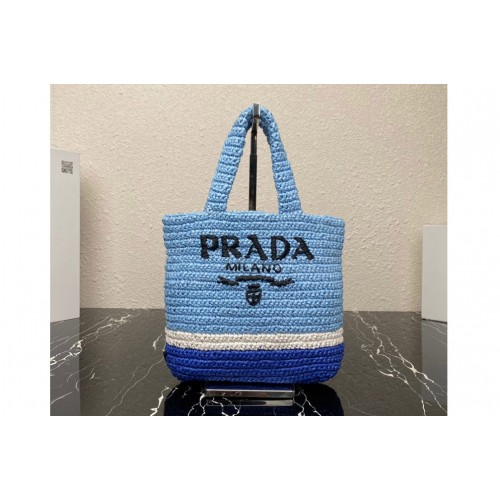Prada 1BG422 Small crochet tote bag in Celeste Blue Straw wicker