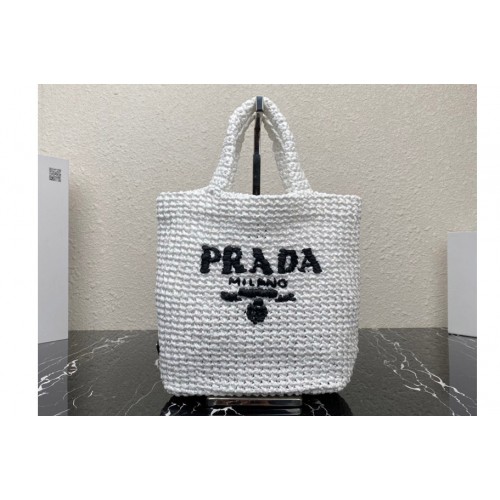 Prada 1BG422 Small crochet tote bag in White Straw wicker