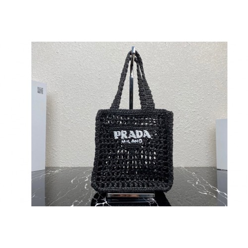 Prada 1BG444 Small crochet tote bag in Black Straw wicker Prada 1BG444 Small crochet tote bag in Black Straw wicker