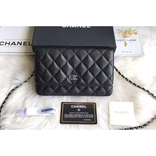 Chanel WOC Flap Original Calfskin Leather Shoulder Bags A33814 Black Silver Chain