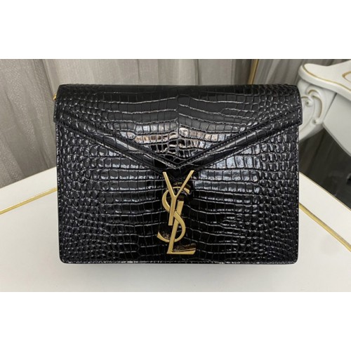 YSL CASSANDRA MEDIUM CHAIN Bag In Black CROCODILE-EMBOSSED SHINY LEATHER