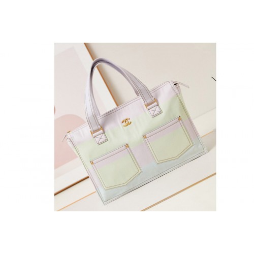 Chanel AS4719 Shopping Bag in Light Pink,Light Yellow,Light Blue Printed Denim