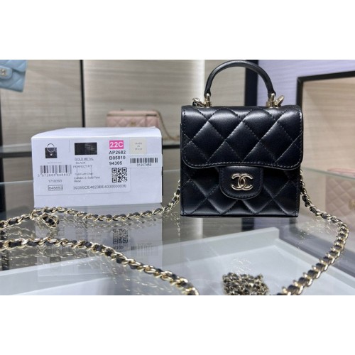 Chanel AP2682 Top Handle Bag with Chain in Black Leather