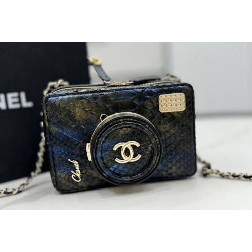 Chanel AS4817 Camera Bag in Navy Blue Snake Leather