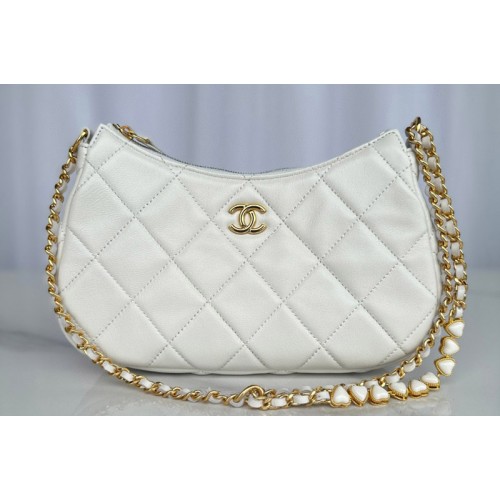 Chanel Small Hobo Bag in White Lambskin Leather
