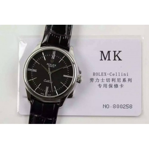 Rolex Cellini 50509 SS Black Dial on Black Leather Strap A3132