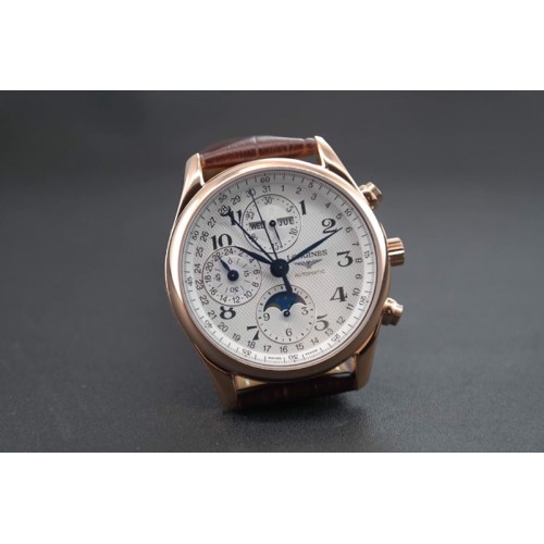 Longines Master Moonphase Chrono RG White Textured Dial on Brown Leather Strap A7751