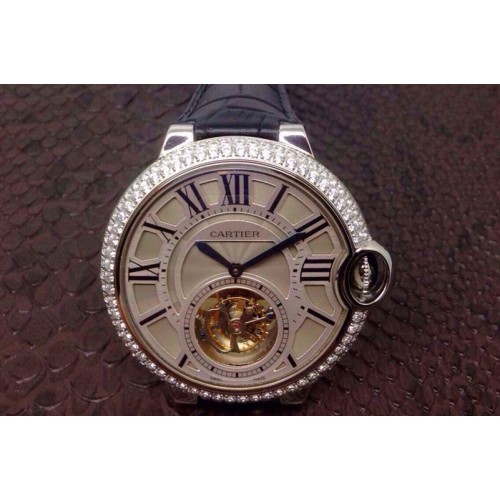 Cartier Ballon Bleu Tourbillon SS Cream Dial Diamond Bezel on Black Leather Strap