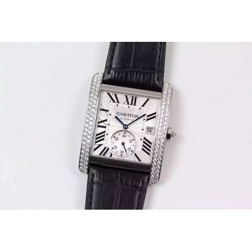 Cartier Tank MC SS White Textured Dial Diamonds Bezel on Black Leather Strap MIYOTA 9015 Cartier Tank MC SS White Textured Dial Diamonds Bezel on Black Leather Strap MIYOTA 9015