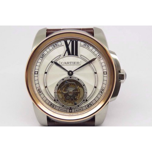 Calibre de Cartier SS Tourbillon White Dial RG Bezel on Brown Leather Strap