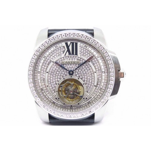 Calibre de Cartier SS Tourbillon Diamonds Dial Diamonds Bezel on Black Leather Strap Calibre de Cartier SS Tourbillon Diamonds Dial Diamonds Bezel on Black Leather Strap