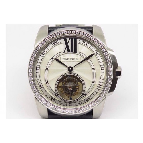 Calibre de Cartier SS Tourbillon White Dial Diamonds Bezel on Black Leather Strap Calibre de Cartier SS Tourbillon White Dial Diamonds Bezel on Black Leather Strap