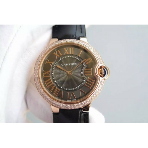 Cartier Ballon Bleu 40mm RG Dimaond Bezel Brown Texture Dial on Black Leather Strap MIYOTA9015