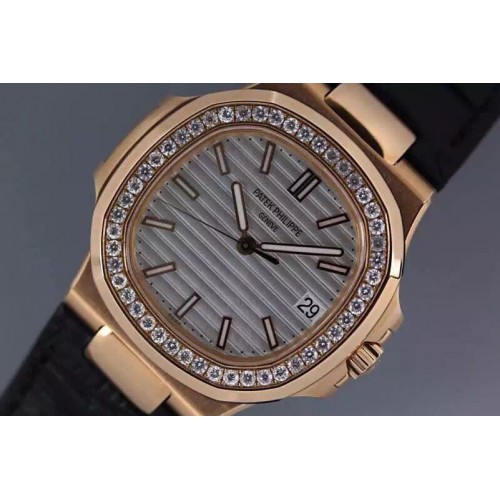 Patek Philippe Nautilus Jumbo 5711R V3 White Dial Diamond Bezel on Leather Strap 1:1 Best Edition A2824 Patek Philippe Nautilus Jumbo 5711R V3 White Dial Diamond Bezel on Leather Strap 1:1 Best Edition A2824