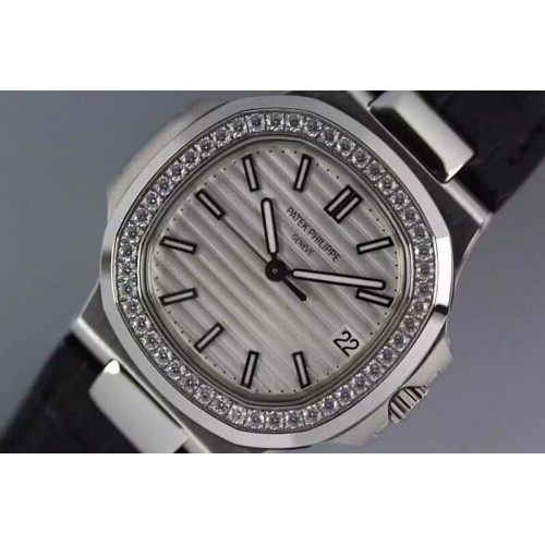 Patek Philippe Nautilus Jumbo 5711 V3 Diamond Bezel White Dial on Leather Strap 1:1 Best Edition A2824