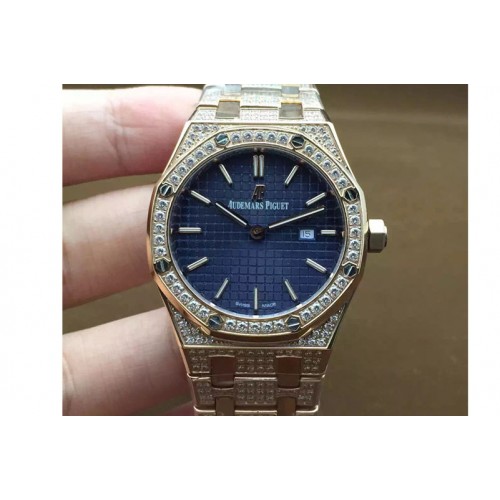 Lady Audemars Piguet Royal Oak 33mm Full Diamond Case RG Blue Face Swiss Quartz