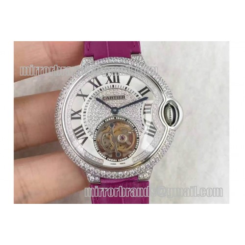 Ballon Bleu de Cartier Ladies 39mm Tourbillon Full Paved Diamonds Dial SS on Leather Strap